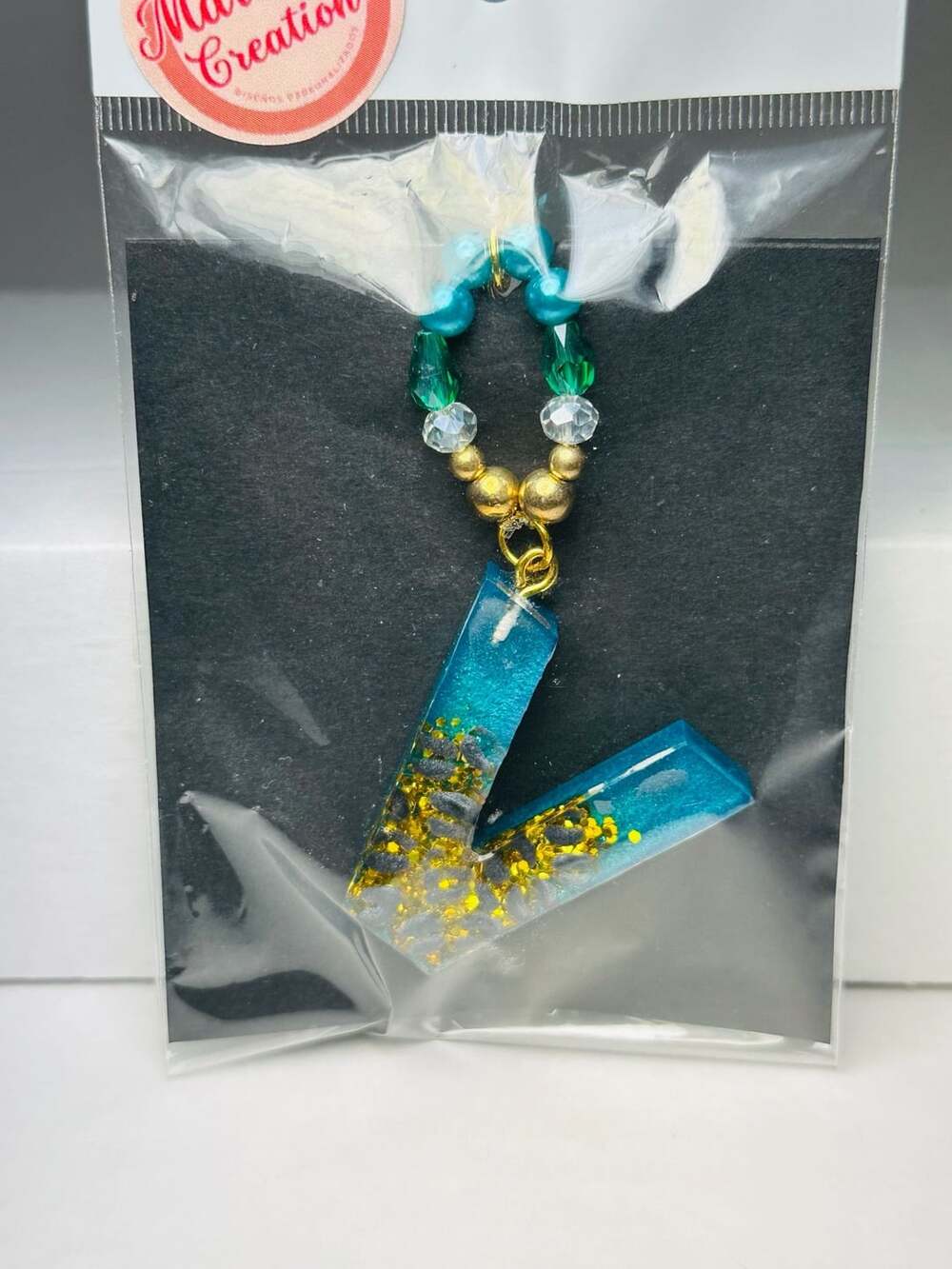 Handmade Resin Letter V Keychain Ring Blue and Gold